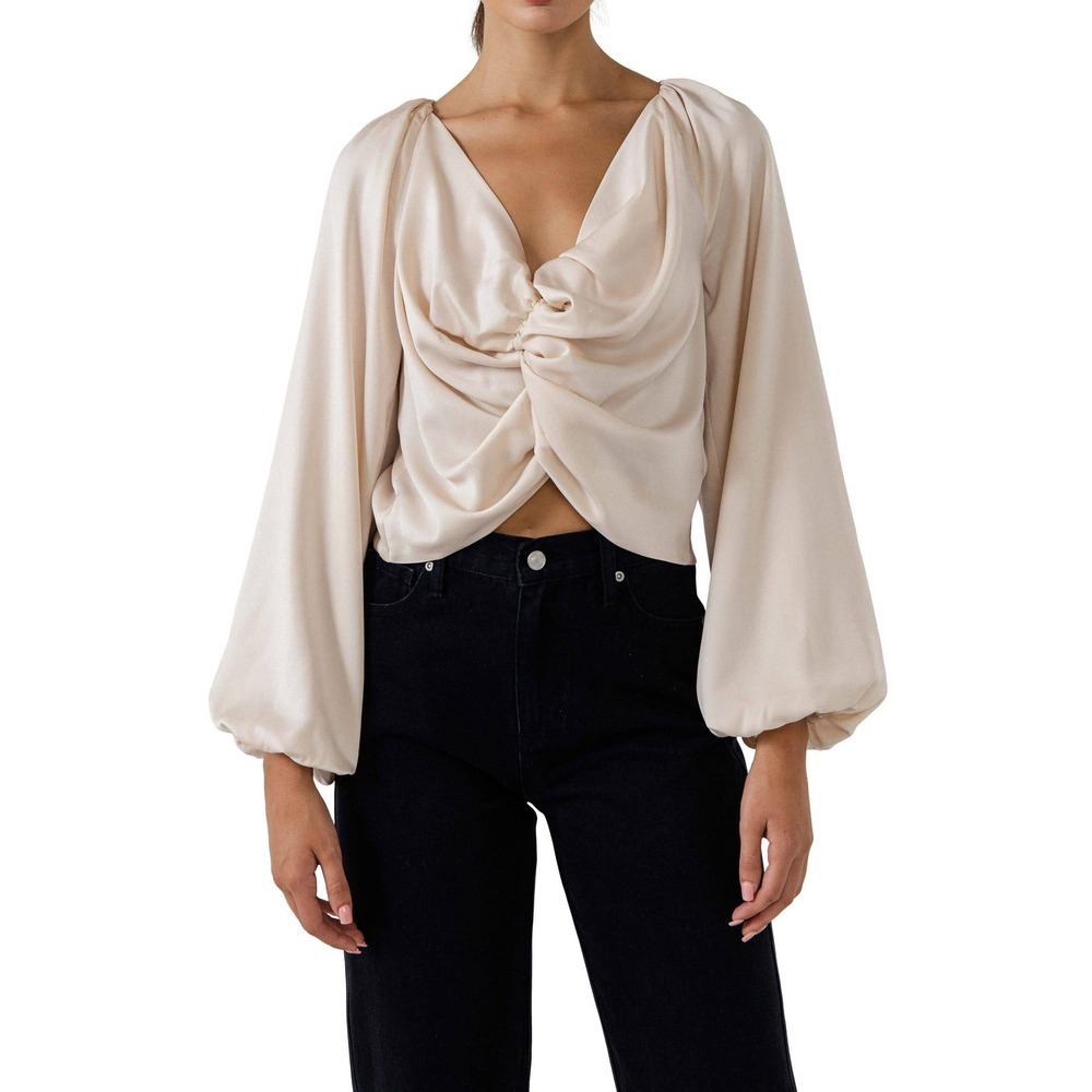 Endless Rose NWT Champagne Twist Front Satin Blouse Balloon Sleeve Top